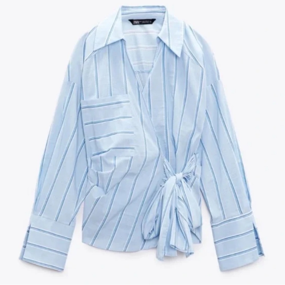 Zara Light Blue Striped Wrap Top